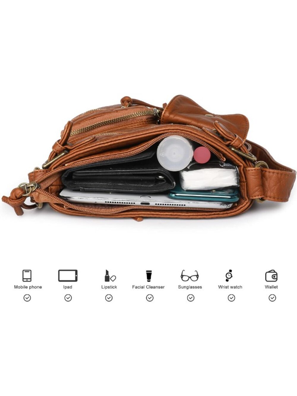 Stylish Soft Washed Leather Crossbody Bag for Women | Multi Pocket Design - Picture 7 of 9